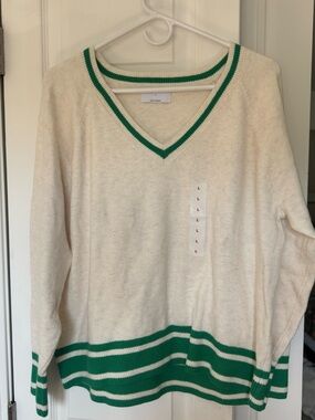 Old Navy Cream V-Neck Sweater with Green Trim